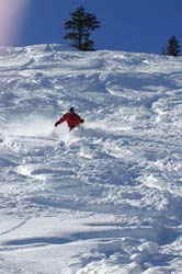 An Accommodation Tahoe Guest enjoys a down hill run at Homewood Mountain Ski Resort 