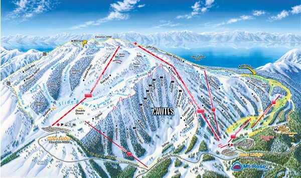 Mt. Roase Ski Resort by Accommodation Tahoe  Vacation Rentals  This artist's image faces south-west and shows the two sides of Rose - Slide Mountain at the left and Rose at the right. The town of Incline Village and lake Tahoe are 11 miles (18km) behind the mountain. Reno is behind you. 